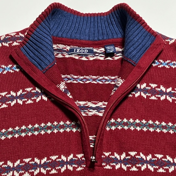 1/4 Quarter Zip Fair Isle Sweater Mens XL Izod Cotton Mock Neck Burgendy - NWT - Picture 3 of 13